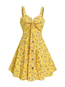 2025 Women's Summer yellow Dresses Allover Floral Pattern Ruffle Bowknot Empire Waist Vacation Dress Sleeveless Mini A Line Dress