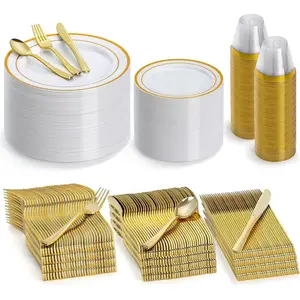 300 Pieces Gold Plastic Dinnerware Set- 50-Person Party Wedding Birthday Kit - Includes Plates Spoons Forks Knives Cups- Heavyweight Elegant Plastic Tableware