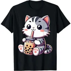 Cute Kawaii Cat Boba Bubble Milk Tea Anime Neko Kitten Anime T-Shirt