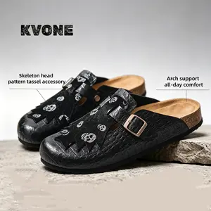 KVONE Unisex Clogs,Fashionable black leather flat Mules Summer platform sandals Crocodile pattern embossing combined with tassel design. Perfect for men who prefer relaxed outfits and have a street style. -Gifted accessories