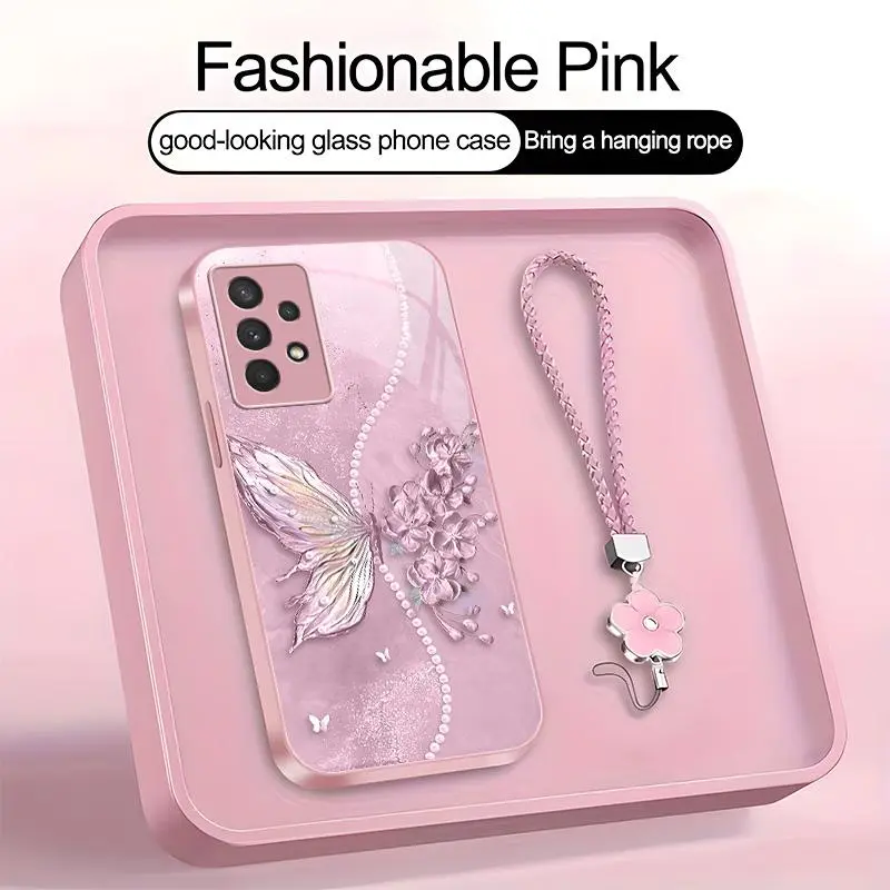 Suitable for [Galaxy A32 5g] high-end phone case，a beautiful four-leaf clover lanyard is included,exquisite and dreamy butterfly pattern,a variety of colors are available for you to choose from YM99