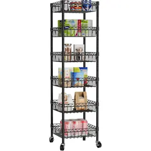 6 Shelves Shelf Wire Closet Organizers Pantry Shelving Unit Laundry Room Organization Home Rack Net Basket Black with Wheels 14" Dx14 Wx64.8 H