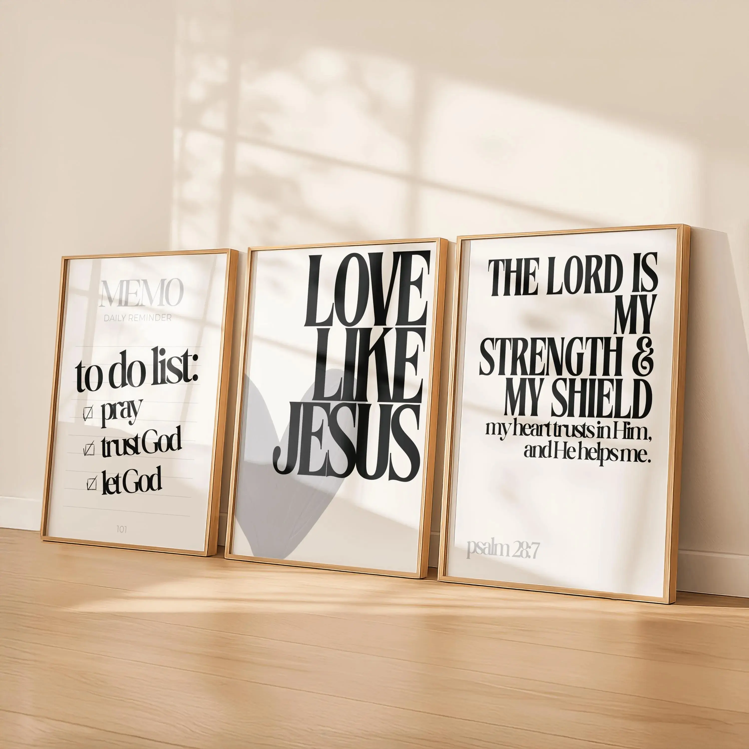 Black & White Christian Poster Unframed Set of 3 | Minimalist Bible Verse Prints, Love Like Jesus, Faith To Do List, Psalm 28 7 |