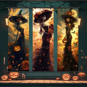 Halloween Hanging Banner, Party Decorations Banners, 3 Counts/set Skeleton Witch Pattern Wall Art, Halloween Decorations, Wall Decor for Home Living Room Bedroom, Party Decoration Supplies