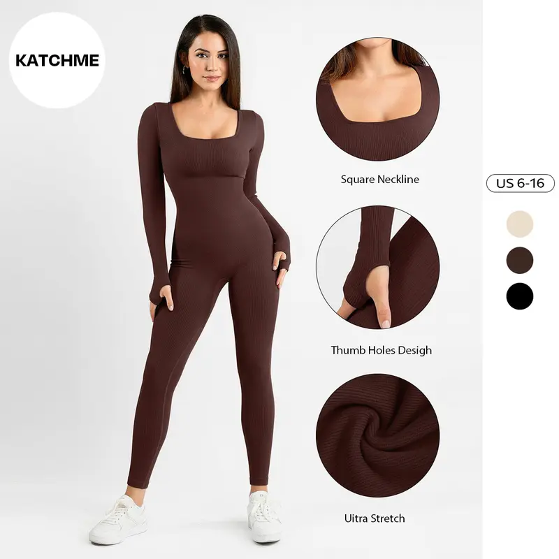 KatchMe Womenswear Workout Solid Color U Neck Seamless Long Sleeve Yoga Jumpsuit,Jumpsuit for Daily Outdoor Wear,Plain Thumb Holes Sportswear