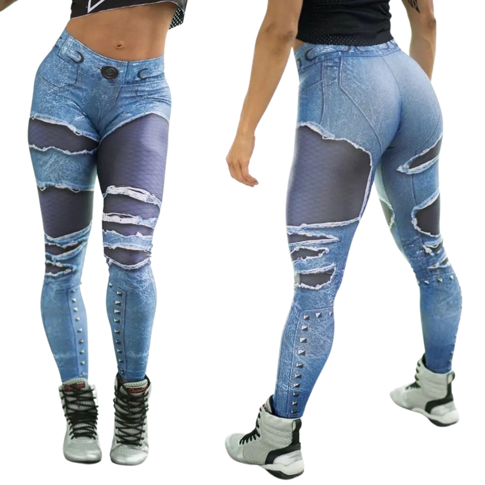 Distressed 3D Blue Jean Leggings