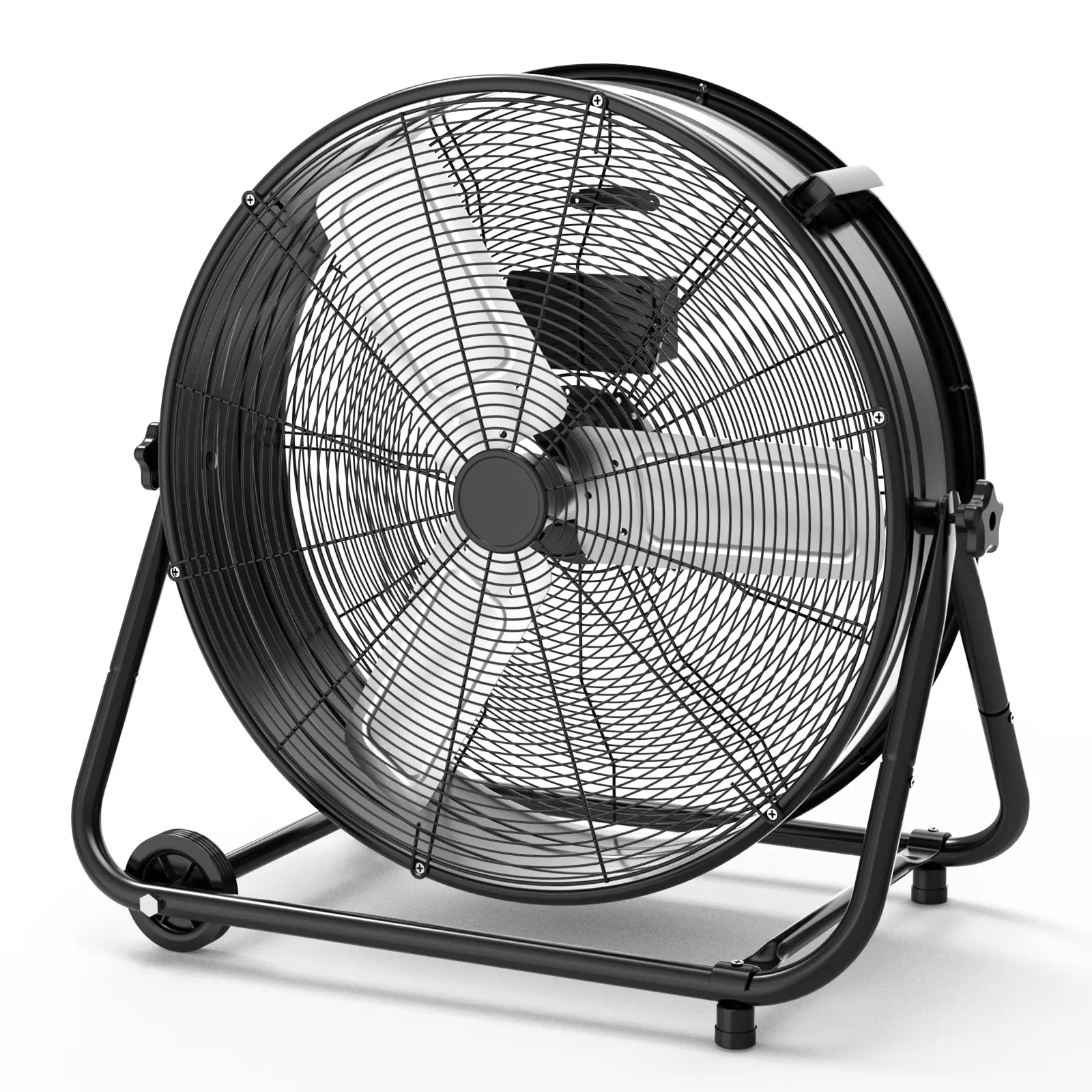 [GARVEE] 24 Inch High Speed Industrial Drum Floor Fan, heavy-duty full metal construction with 3 speeds and 360° tilt design. Built with portable handle and rolling casters for easy movement, powerful air circulation fan perfect for warehouse, garage,。