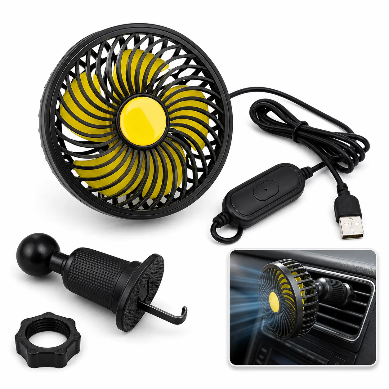 USB Car Vent Fan with Three-Speed Control 360 Degree Adjustable Airflow and Replaceable Aroma Pad for Cars and Trucks Round Cable Compact Metal Retractable