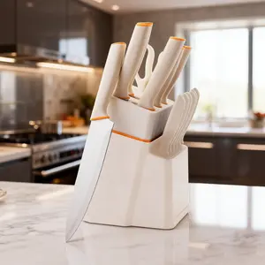 15Pcs White Kitchen Knife Set with Block, Ultra Sharp Stainless Steel Chef Knives Set, Non-Slip Handle, Rust-Proof Cooking Knives for Home, Bread Knife Scissors Included Anti-Rust Ergonomic Craftsmanship Self-Sharpening