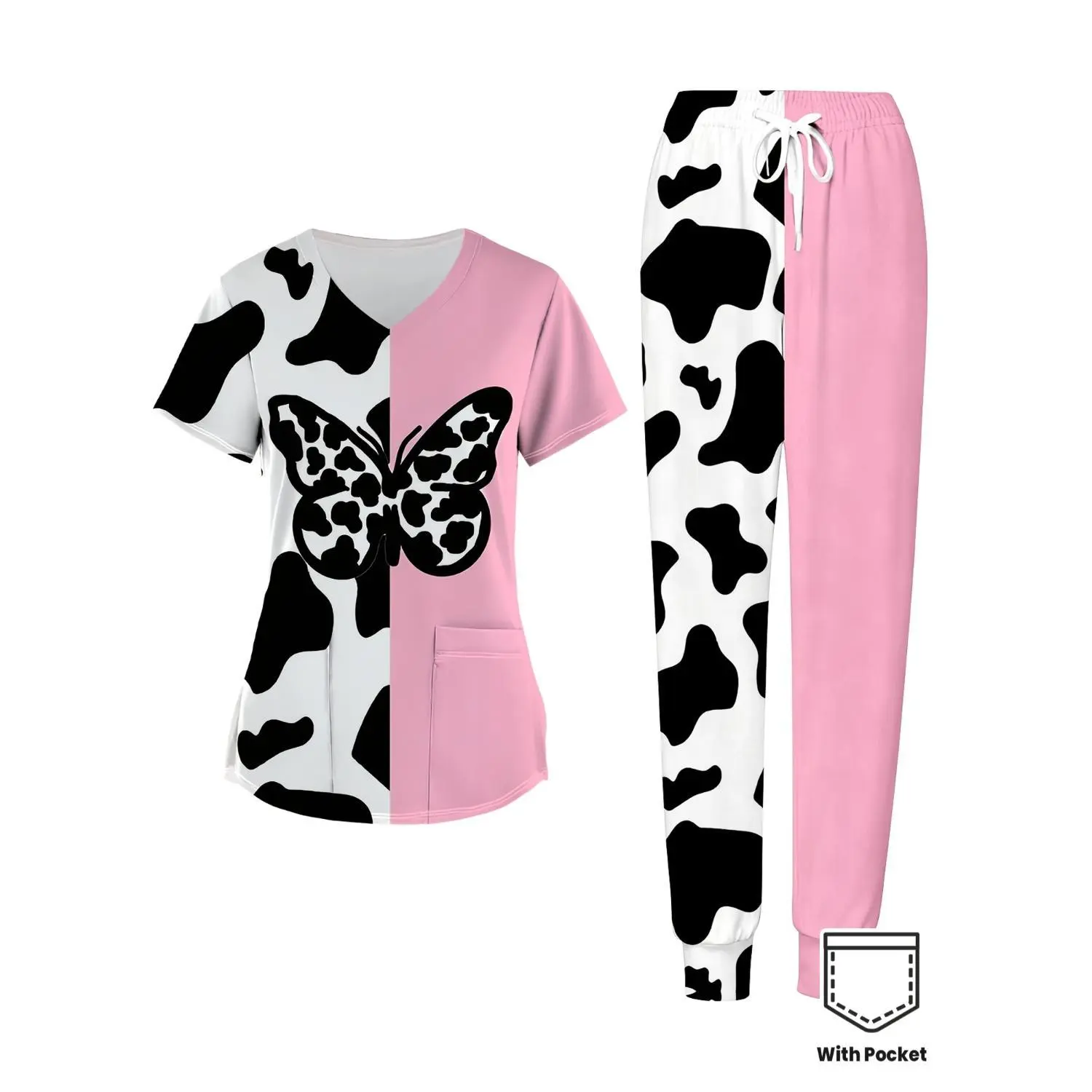 Women's Nurse Scrubs Set Cow Print And Pink Butterfly Design V Neck Scrub Top with Pocket And Matching Pants Comfortable Casual Uniform for Women