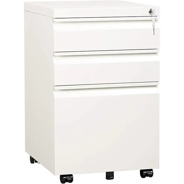 Three-Drawer Metal Filing Cabinet with Lock, Steel Drawer Storage Compact Office Organizer for Home Office, White