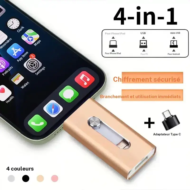 4 in 1 Flash Drive, Portable High Speed USB 3.0 Memory Storage, Memory Stick for Photos and Videos, Compatible for iPhone/iPad/Android/PC, External Storage