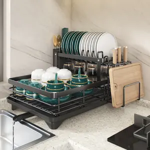 Double Tier Large Metal And Carbon Steel Cutlery Rack for Kitchen Countertop, Space Saving And Durable, with Knife, Fork And Cup Holders And Draining Board, Rustproof Large Two Tier Metal Cutlery Rack, Make The Kitchen More Concise And Organized.