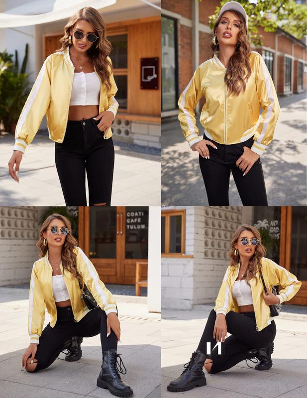 ZEAGOO Women Bomber Jacket Lightweight Zip Up Jacket Casual Striped Jacket Coat Outerwear Windbreaker with Pockets ZEAGOO Women Bomber Jacket Lightweight Zip Up Jacket Casual Striped Jacket Coat Outerwear Windbreaker with Pockets