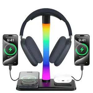 Earphone holder with wireless charger, multifunctional charging, gaming headphone holder with RGB lighting mode, Headphone hanger, compatible with Airpod Pro/3/2, Airpod Max holder, gaming player, music gift