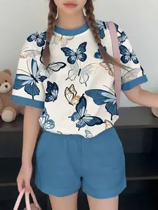 Butterfly Print Short Sleeve T-Shirt Girls Clothes Summer Casual Matching Set Slim Fit Versatile Shorts Two-Piece Fashion Set
