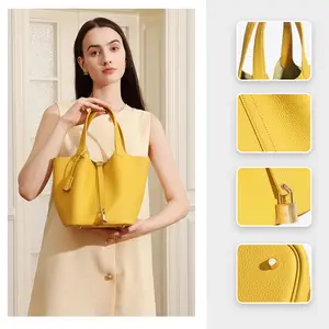 ACOLLIE Large high-quality genuine leather basket TC top layer cowhide niche high-end exquisite portable bucket bag women's bag