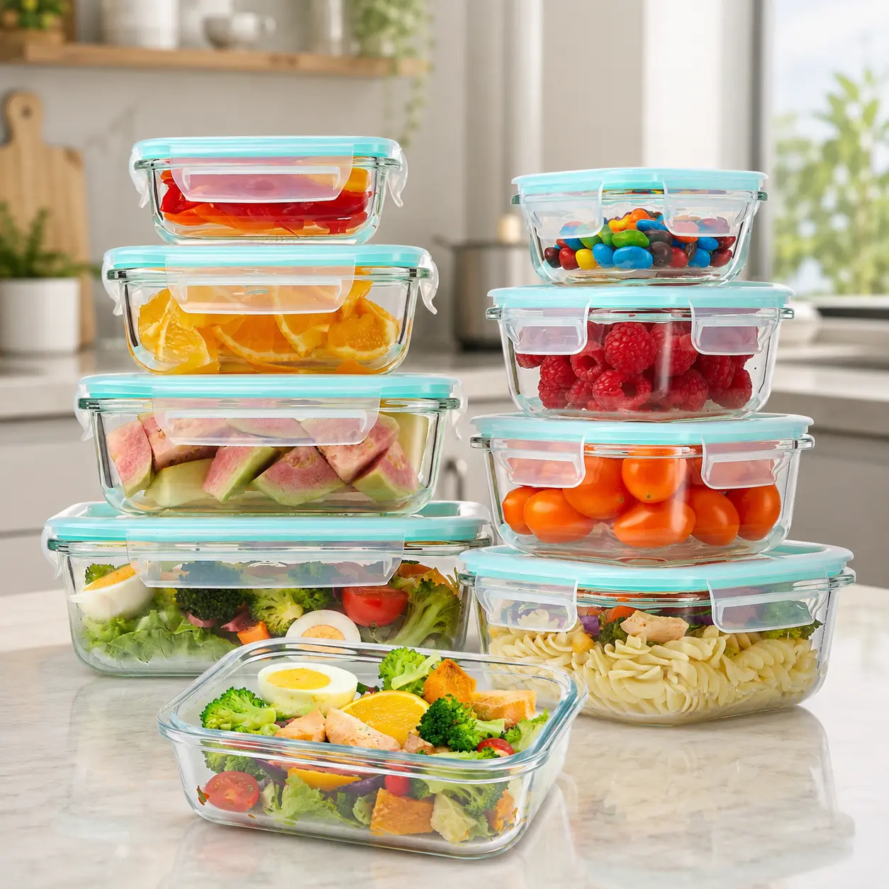 Premium Borosilicate Glass Food Storage Containers 8 Pack Stackable Square Design with Airtight Lids Green Rectangle Safe for Oven Microwave Freezer High Temperature Durable Kitchen Utensils BPA FREE#Summervibes
