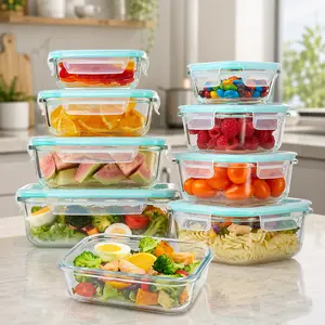 Premium Borosilicate Glass Food Storage Containers 8 Pack Stackable Square Design with Airtight Lids Green Rectangle Safe for Oven Microwave Freezer High Temperature Durable Kitchen Utensils BPA FREE#Summervibes