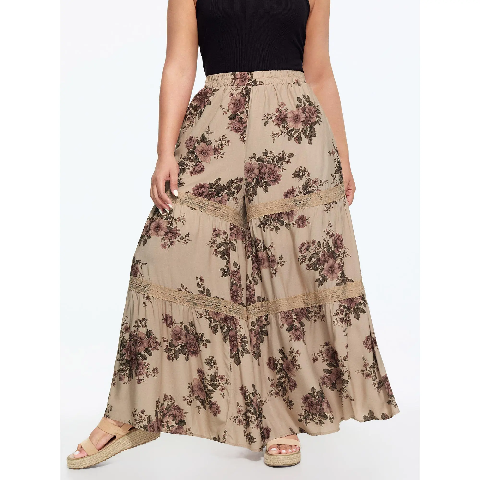 BloomChic Women's Plus Size Bohemian Floral Print Straight-Fit Rayon Fabric Pants - Mid Rise Waist, Lace Trim, Side Pockets, Curvy Clothing Bottoms for Summer, Boho Pants, Casual, Smooth, Garment, Women's Clothing, Floral Print Pants