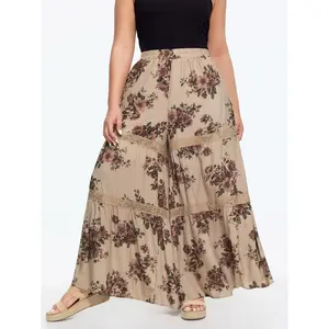 BLOOMCHIC Plus Size Floral Print Tiered Lace Trim Pants [M-6X]2026 Summer Vibes Swimweek