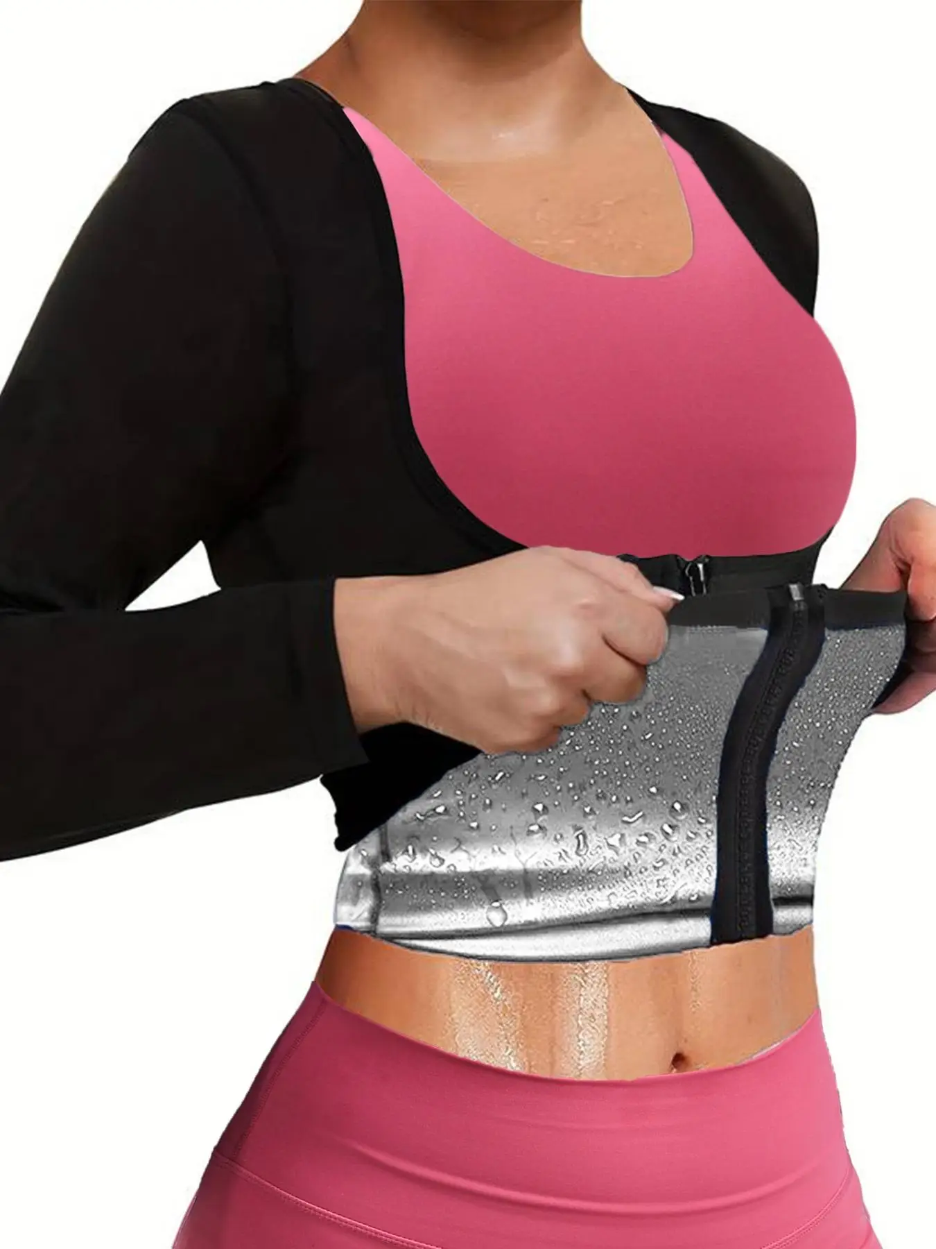 Women's Solid Long Sleeve Zip Up Sauna Top, Open Bust Tummy Control Training Sports Shaperwear Top, Workout Gym Exercise Clothing for Women, Workout R