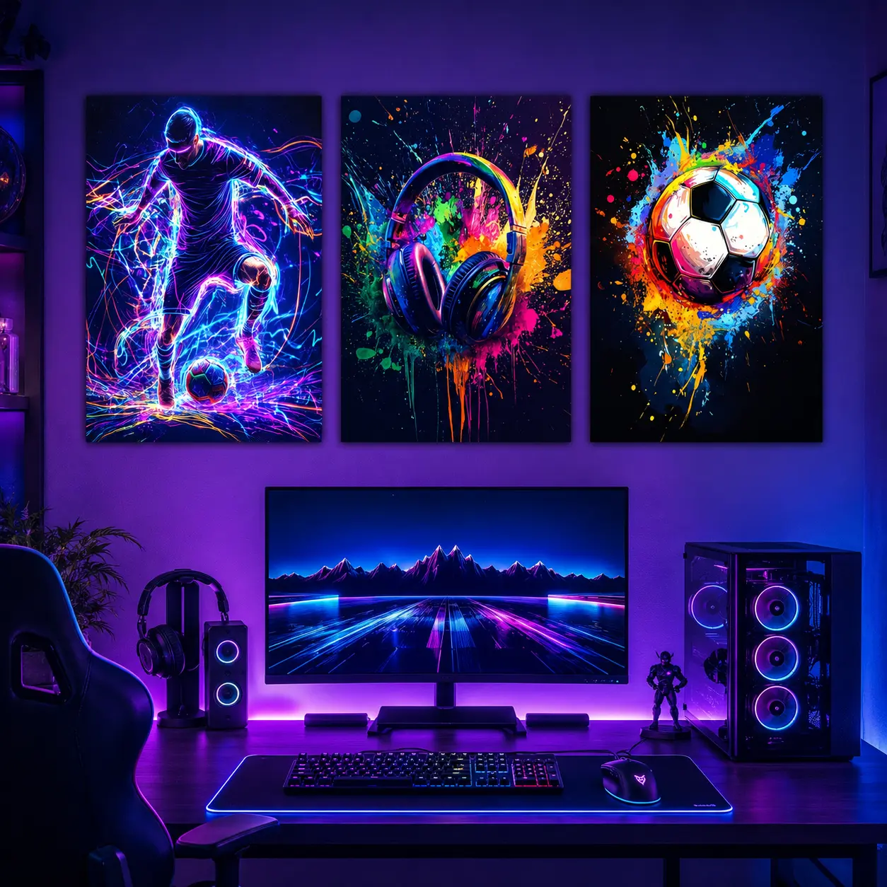 Neon Game & Football Themed Canvas Painting with Frame Artistic 3 Counts/set Modern Art Wall Decor for Home Living Room Bedroom Office Hanging Wall Art tiktokshopspringglowup 2D Flat