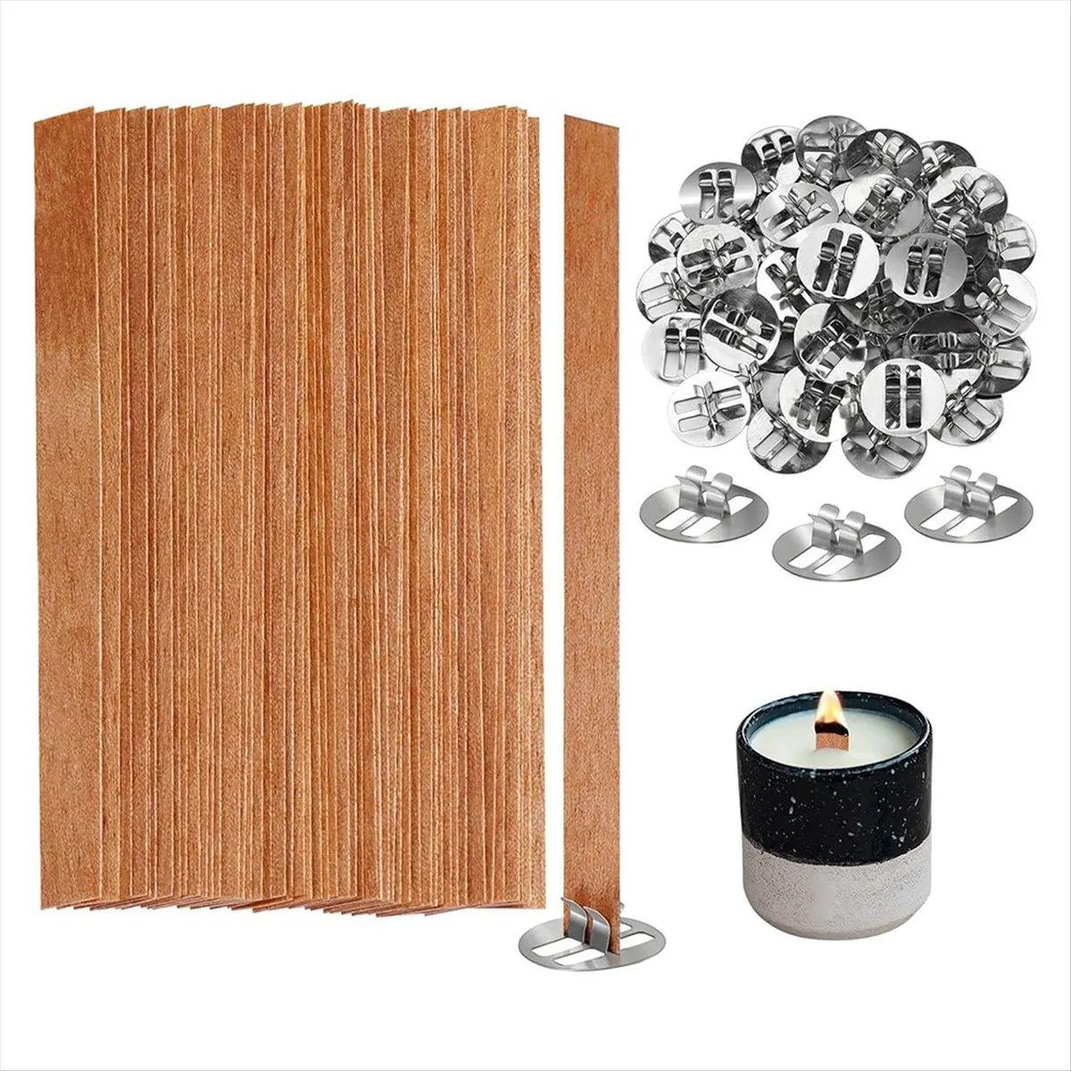 Wooden Candle Wicks,100 Wooden Wicks for Candle Making, Wooden Wicks+Metal Clips for Candle Making,Candle DIY Craft A Wax Set Wax Kit