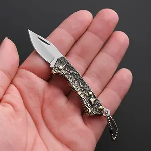 Vintage Brass Mini Folding Knife Keychain, Portable Pocket Knife for Unboxing, Outdoor Survival Tool, Compact Design, Durable Build