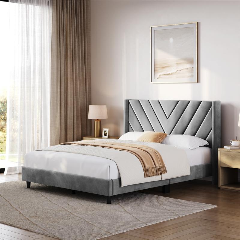 【Valentine Gift】Yaheetech Upholstered Bed Frame Full/Queen with Wooden Slat Support, No Box Spring Needed, Durable Construction, Easy Assembly Diamond Tufted Headboard