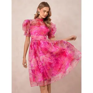 Amorya Women's Elegant Stand Collar Organza Puff Sleeve A-Line Midi Dress, Summer Vacation Outfits Woman Graduation Dress Sun Dresses For Women Wedding Guest Dress Women Spring Dresses For Women Dresses For Women Summer  Elegant Party Four Seasons Birthd