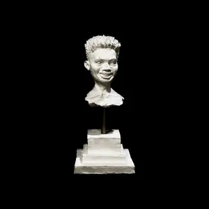 Bobby- White stone plaster portrait sculpture of young African-American boy
