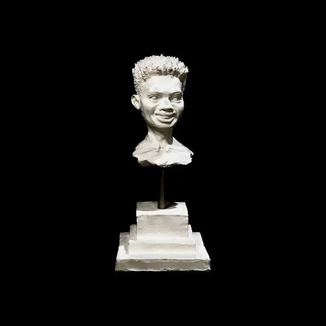 Bobby- White stone plaster portrait sculpture of young African-American boy