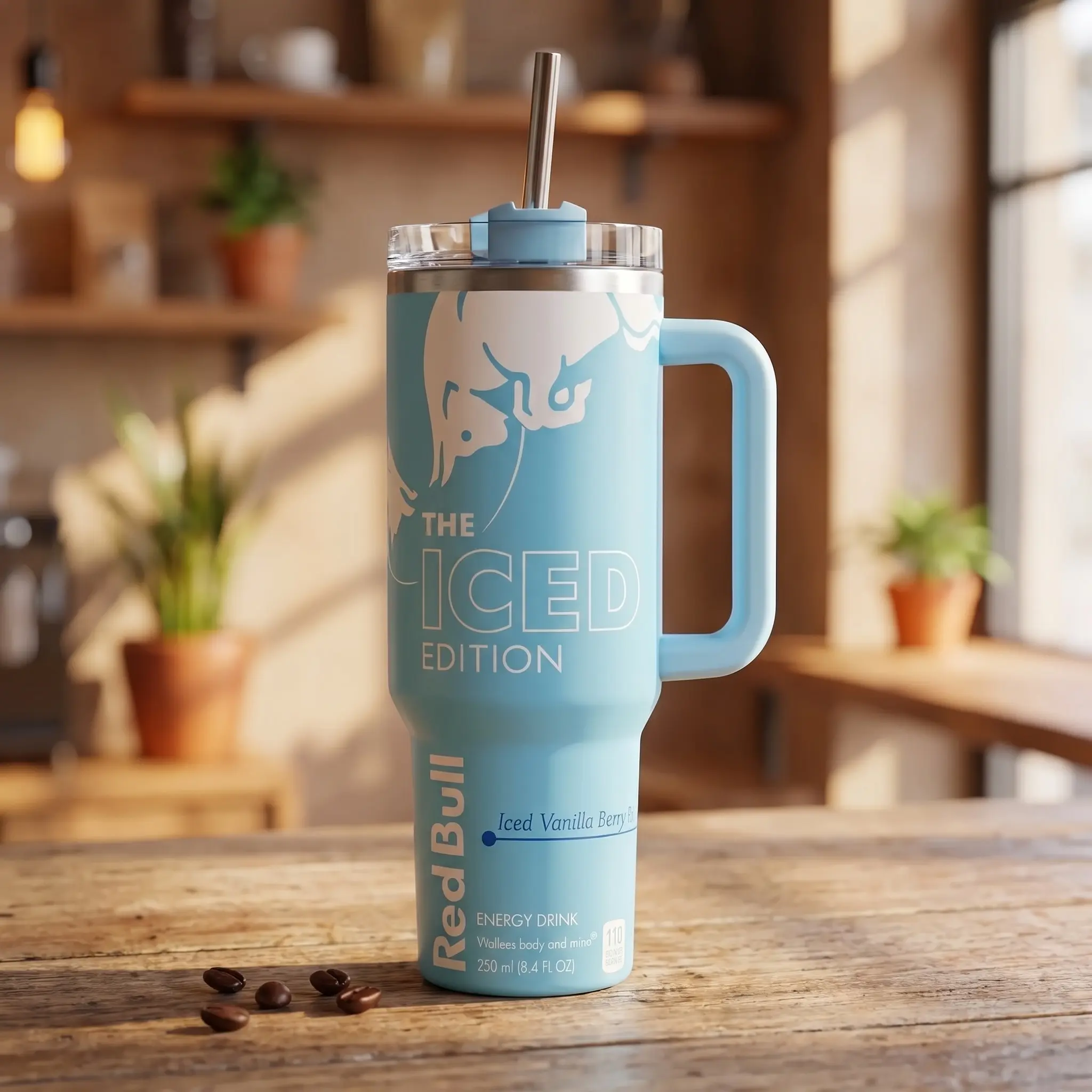 RB Iced Edition Sugar Free 40oz Stainless Steel Tumbler, Insulated Travel Mug with Handle & Straw, Energy Drink Inspired Coffee Cup, Vacuum Insulated Tumbler