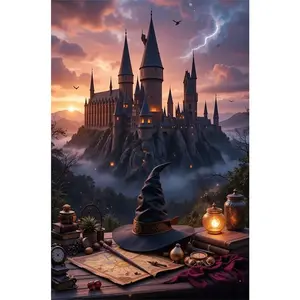 1PCS Magical Castle Diamond Painting Kit for Adults with 5D Full Drill Sparkling Rhinestones Fantasy Hogwarts Style Castle at Sunset DIY Craft Home Wall Decor Art Gift for Kids and Beginners Includes