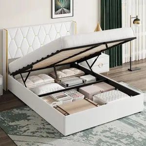Storage Bed Queen with Upholstered Wingback Headboard, Modern Queen Size Hydraulic Bed Frame with Strong Wood Slats Support, No Box Spring Needed, Easy Assembly, White