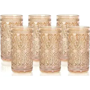 6 Pack Highball Beverage Glass Cup, 12oz  Glassware Drinking,  Embossed Drinking Glasses, Old Fashioned Glass for Party Wedding  Office and