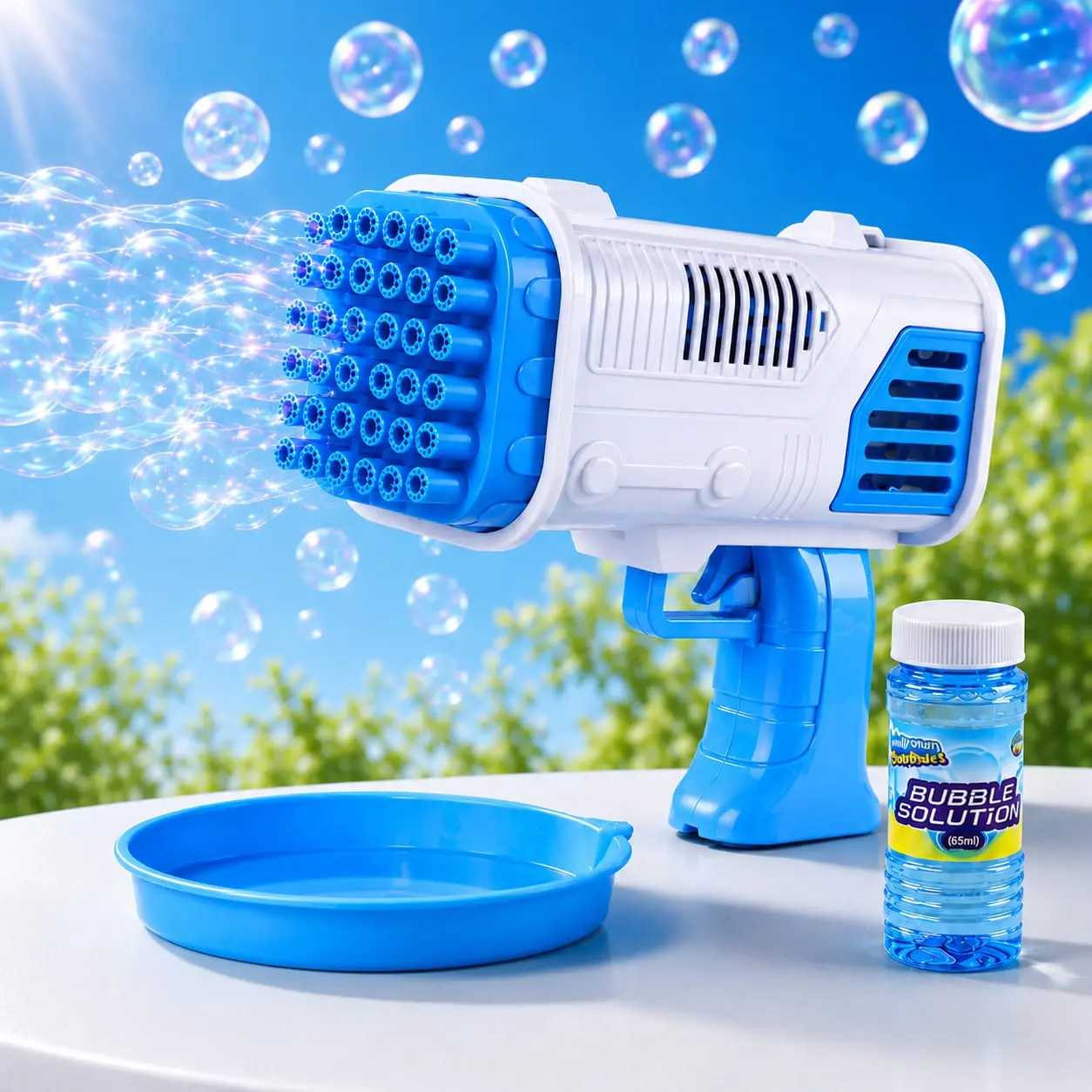 Bubble Gun Toy for Kids with Bubble Solution & Tray, Outdoor Summer Toy for Boys & Girls, Backyard Fun Activity, Birthday Party Favor, Beach and Park Play Toy, Family Gatherings and Outdoor Entertainment