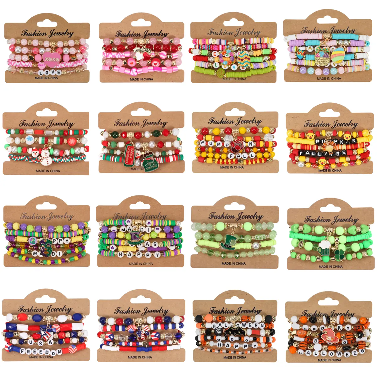 84pcs/set 8 Holiday Multilayer Beads Bracelets for Women Men, Valentine's Day, St. Patrick's Day, Halloween, Christmas, Thanksgiving, Easter - Festival Wear Jewelry, Ideal Gift for Anniversaries & Holiday Occasions for Women, Men & Fashion Enthusiasts,sum