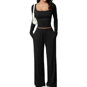Autumn New Casual Long Pants Set Square Neck Long Sleeve Short Top Women's Sportswear