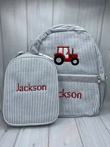 Seersucker Tractor Backpack Set