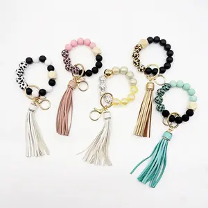 🐆 Silicone Bead Wristlet Keychain - Leopard Print & Tassel Bag Charm lizard