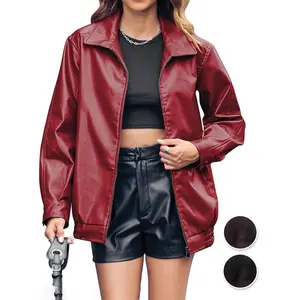 Women’s oversized leather jacket, faux casual zip, fashionable bomber motorcycle jacket with pockets GARMENTARY