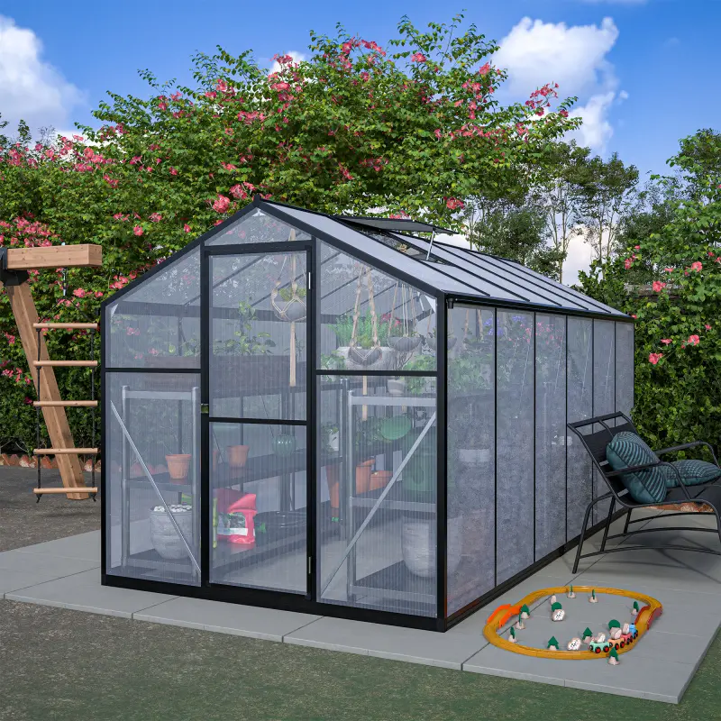 6' x 12' Thicked Polycarbonate Greenhouse with Double Flush Door, Rain Gutter, Ventilation Window, Secure Lockable Door, UV Guard, Ideal for Backyard & Garden