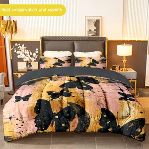 3pcs (1 comforter + 2 pillowcases) Butterfly Print Flannel and Milk Velvet Comforter Set, Soft Warm Cozy Bedding Essentials, Trendy Milk Velvet Bedding Set for Adults