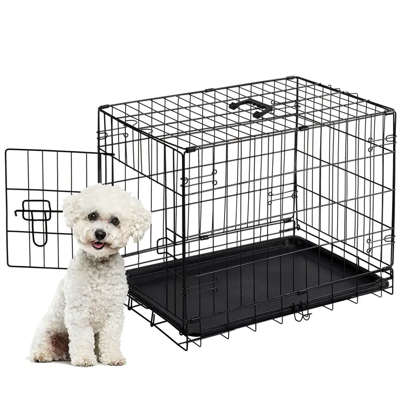 Sweetcrispy Coated Metal Dog Crate - Foldable & Portable Enclosure with Leak-Proof Cleanup Quick Pull-Out Pan, Open Wire Design Sturdy & Secure Kennel for Small-Medium Dogs, Indoor & Travel Use