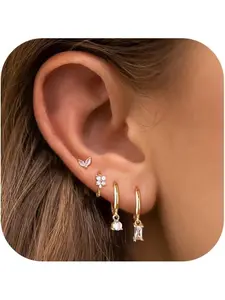 4/5/6 Pcs Stack Gold Studs Earrings for Women 14K Gold Plated 925 Sterling Silver Single Stud Hoop Earrings Sets for Multiple Piercings Heart Star Moon Hoop Dangle Earrings Stack Set