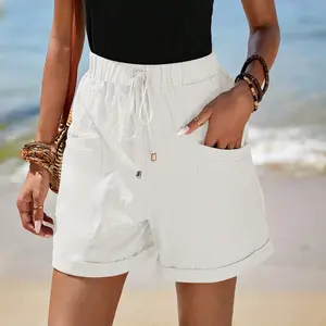 Shewin 2026 Spring/Summer Women's High Waist Casual Shorts - Solid White Cotton Blend Loose Fit Shorts with Elastic Drawstring Waist and Side Pockets for Daily Wear