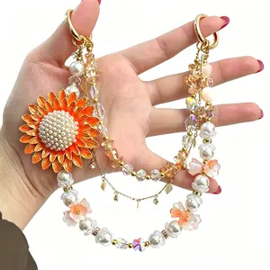 Sunflower Pearl Beaded Bag Charm & Phone Lanyard, Elegant Floral Handbag Pendant Keychain for Women