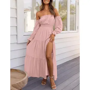 Women's Bohemian Style Sexy Off-Shoulder Long-Sleeve High-Waisted Side-Slit Flowing A-Line Layered Long Dress Formal Womenswear